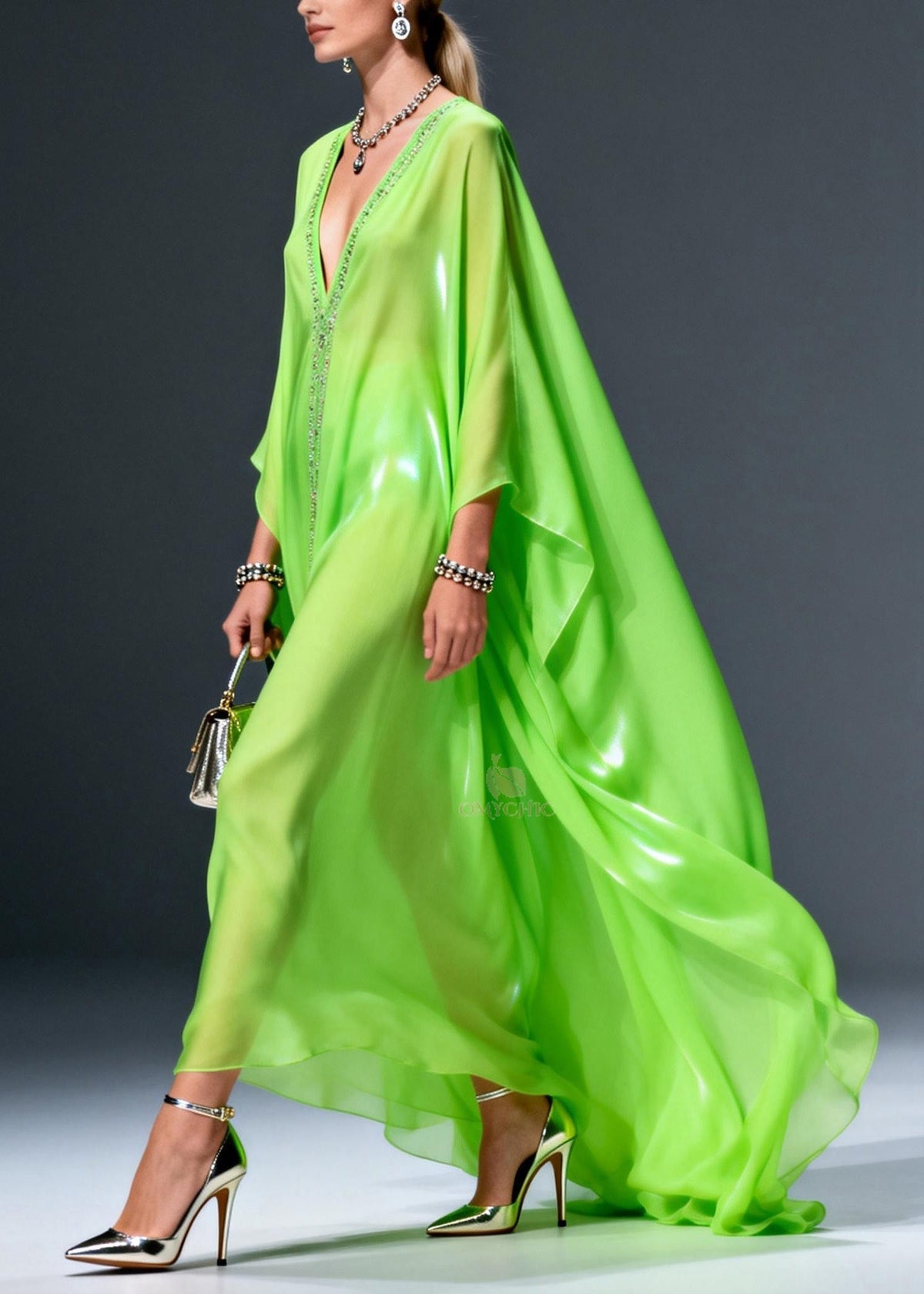 Rhinestone Trim Deep V-Neck Long Cape Sleeve Sheer Maxi Gown