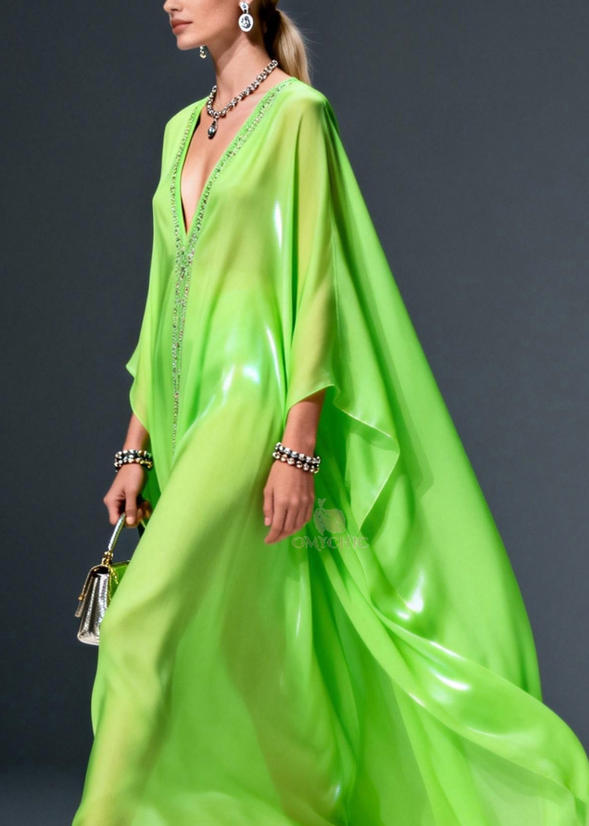 Rhinestone Trim Deep V-Neck Long Cape Sleeve Sheer Maxi Gown - View 2