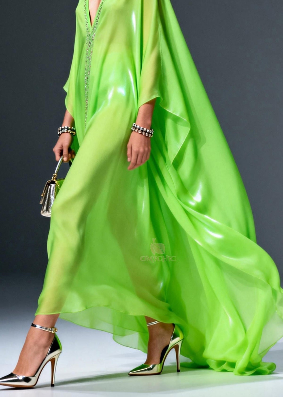 Rhinestone Trim Deep V-Neck Long Cape Sleeve Sheer Maxi Gown - View 4