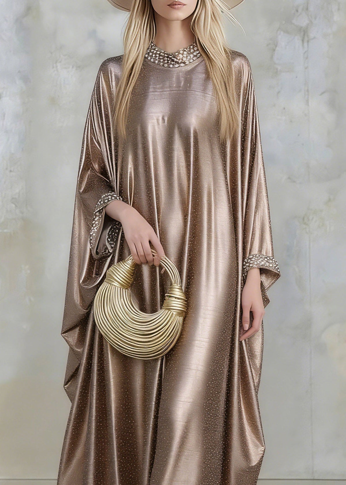 Satin Rhinestone Collar Wide Cuff Flare Sleeve Kaftan Maxi Gown - View 2