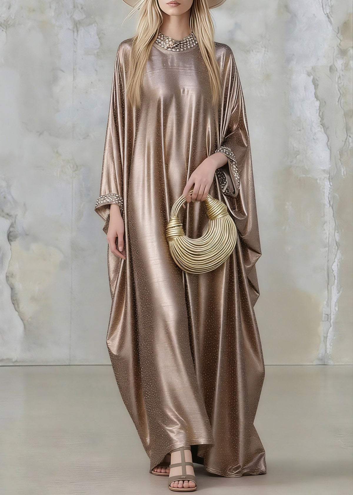 Satin Rhinestone Collar Wide Cuff Flare Sleeve Kaftan Maxi Gown - View 3