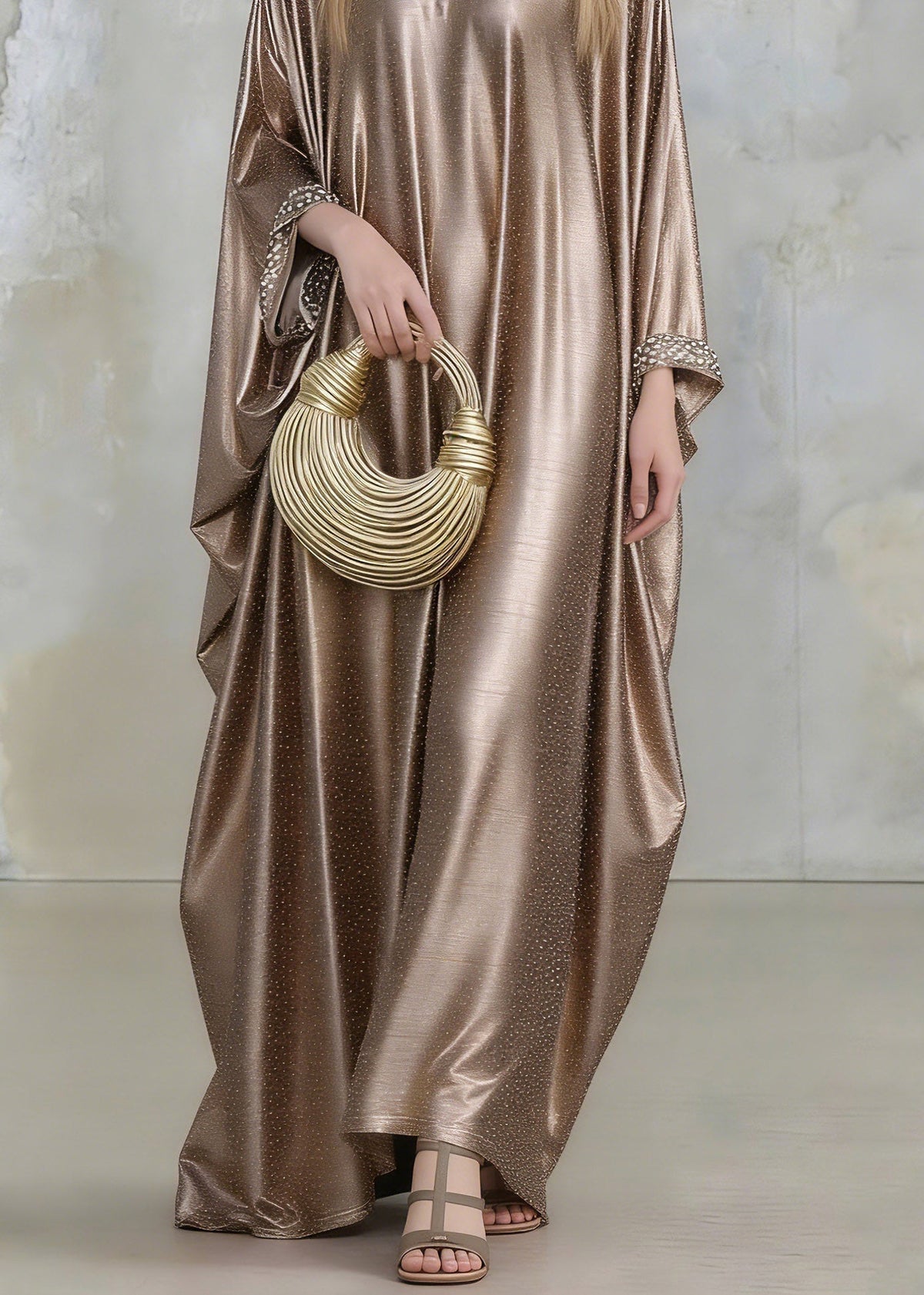 Satin Rhinestone Collar Wide Cuff Flare Sleeve Kaftan Maxi Gown - View 4