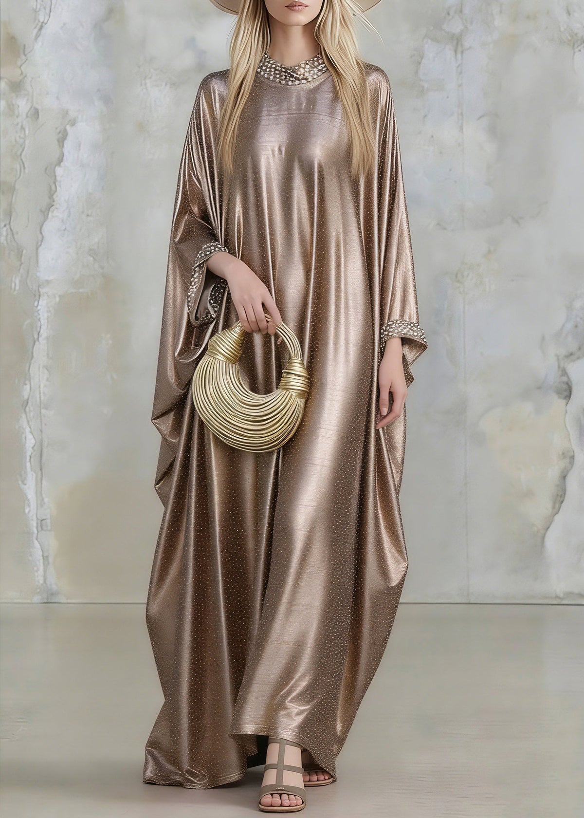 Satin Rhinestone Collar Wide Cuff Flare Sleeve Kaftan Maxi Gown - View 5