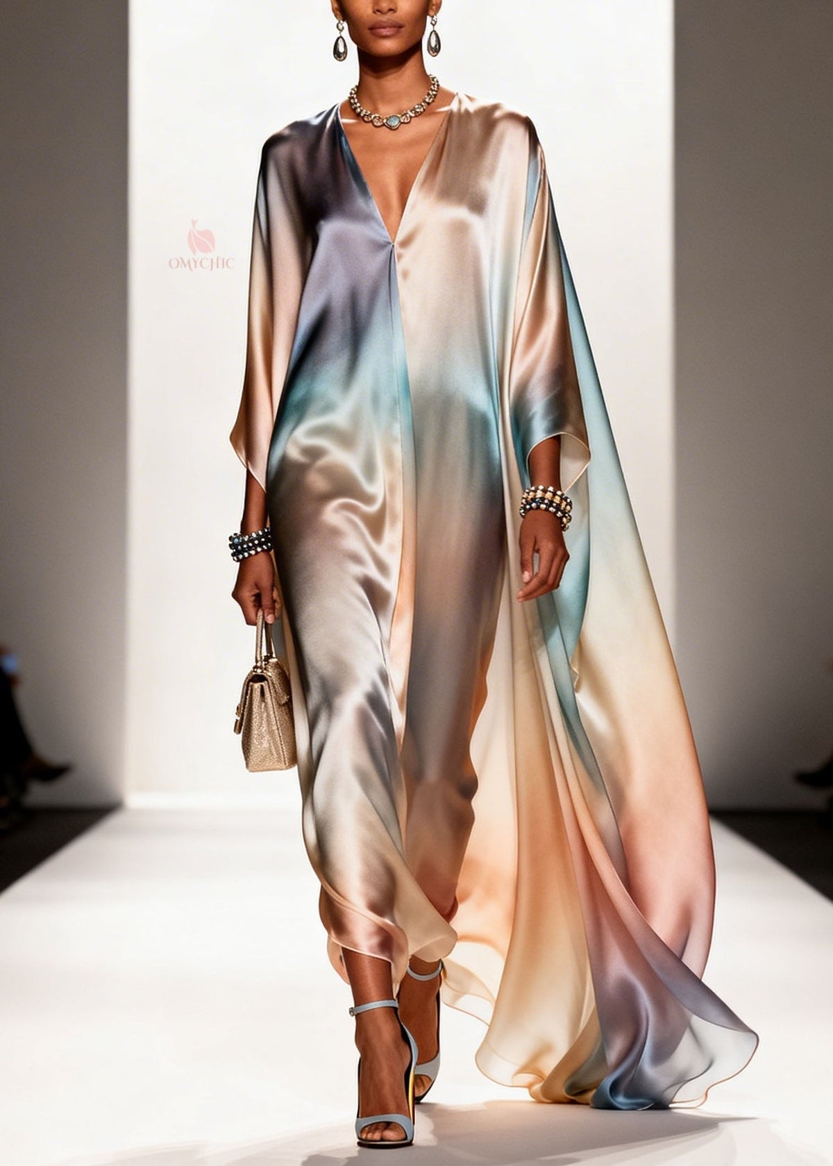 Satin Ombre Gradient Deep V-Neck Floor Length Cape Sleeve Maxi Gown