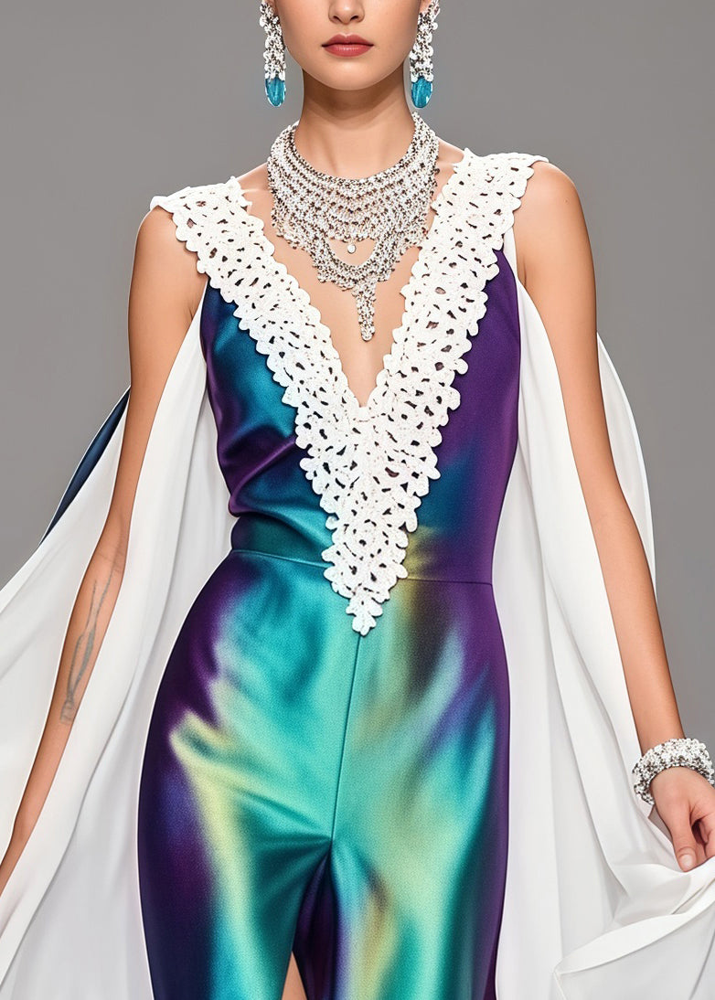 Deep V-Neck Lace Trim Satin Cape Sleeve High Split Maxi Gown - View 2
