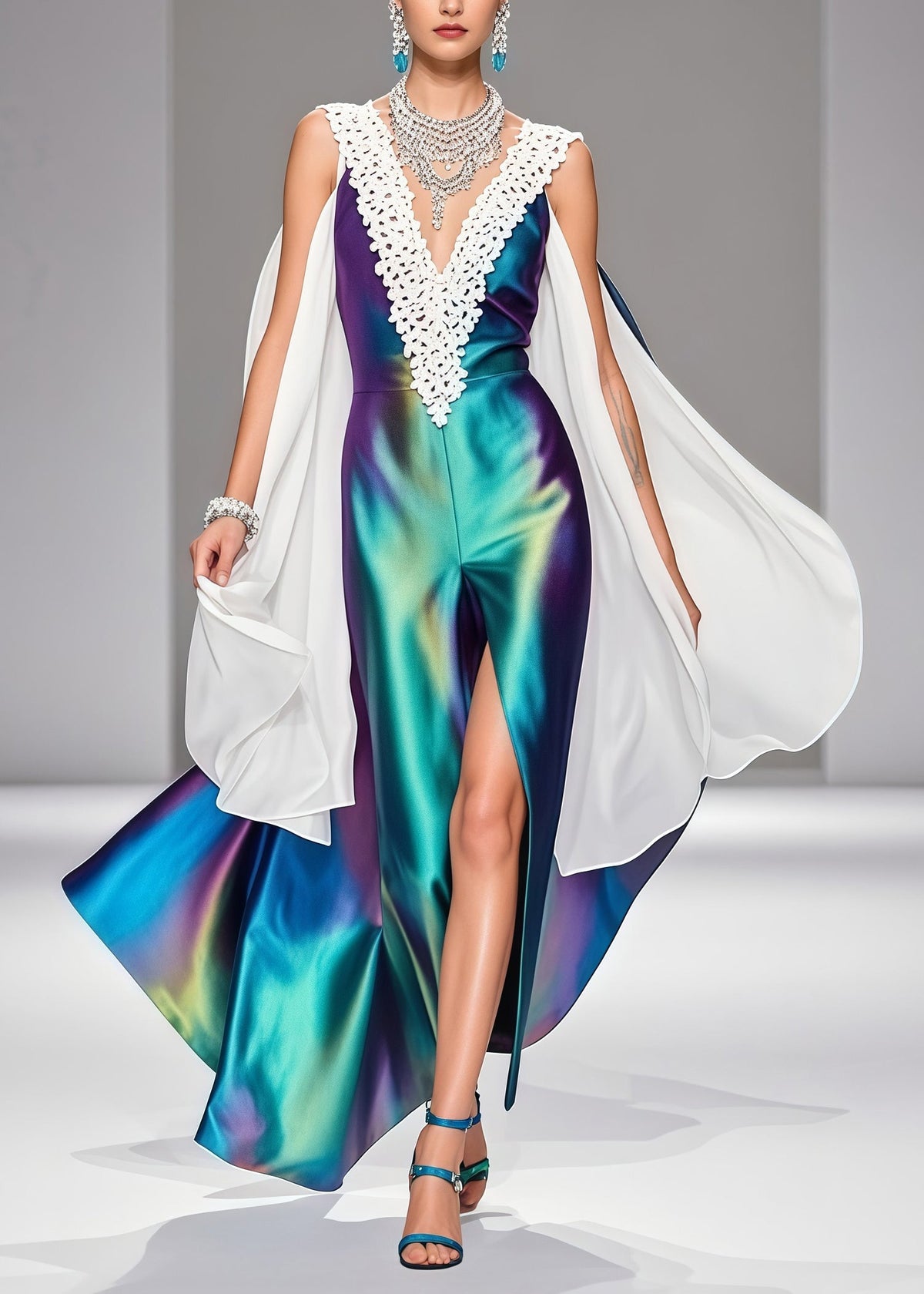 Deep V-Neck Lace Trim Satin Cape Sleeve High Split Maxi Gown - View 3