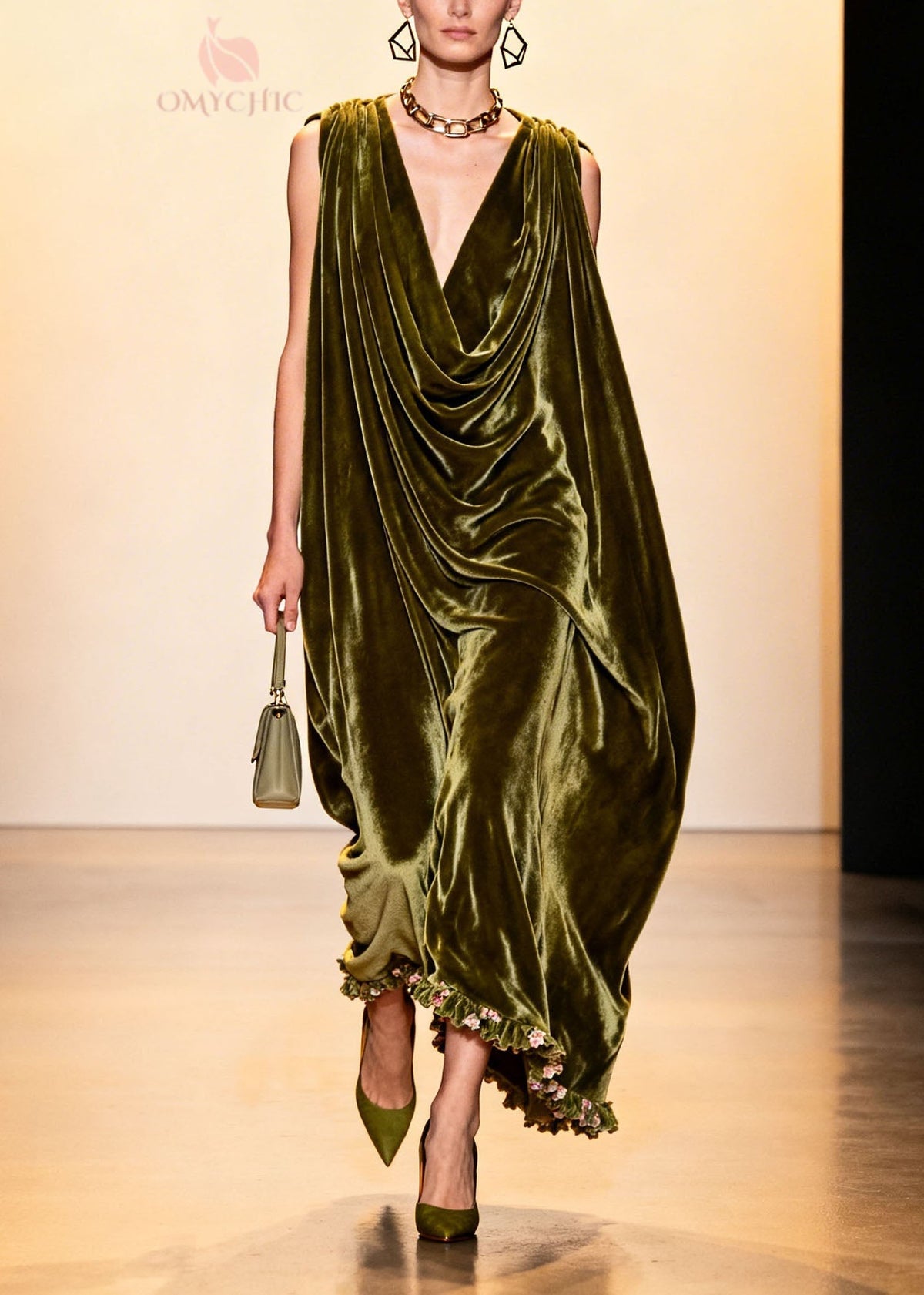 Plus Size Green Ruffled Floral Patchwork Velvet Robe Dresses Sleeveless - View 3