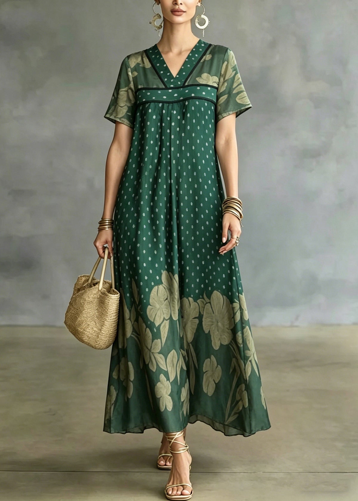 Chiffon Polka Dot Floral Print V-Neck Short Sleeve Maxi Dress