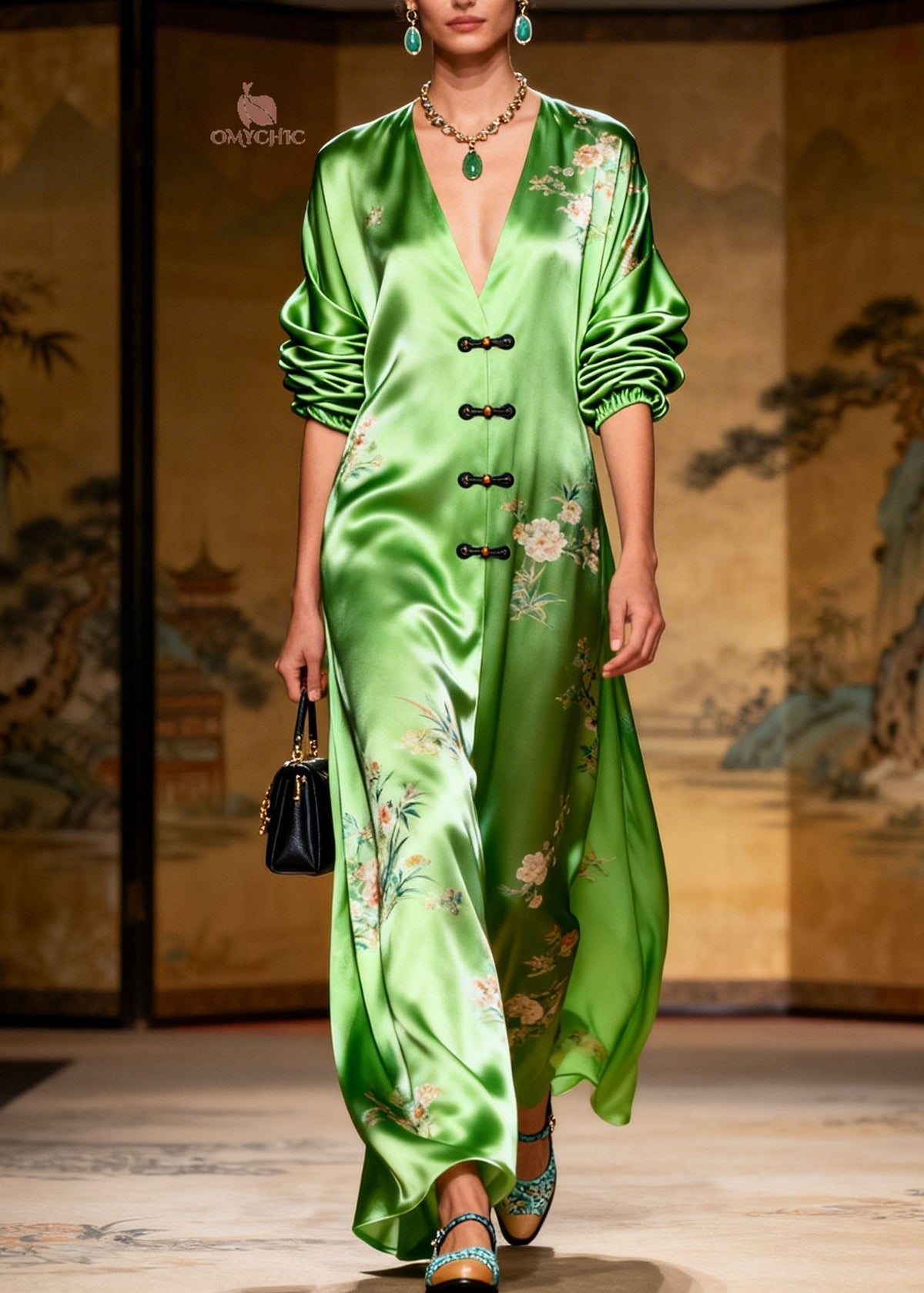 Satin Floral Deep V-Neck Frog Button Bishop Sleeve Maxi Gown
