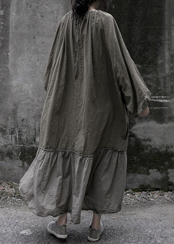 Woven Gathered Neck Drawstring Back Lantern Sleeve Maxi Dress