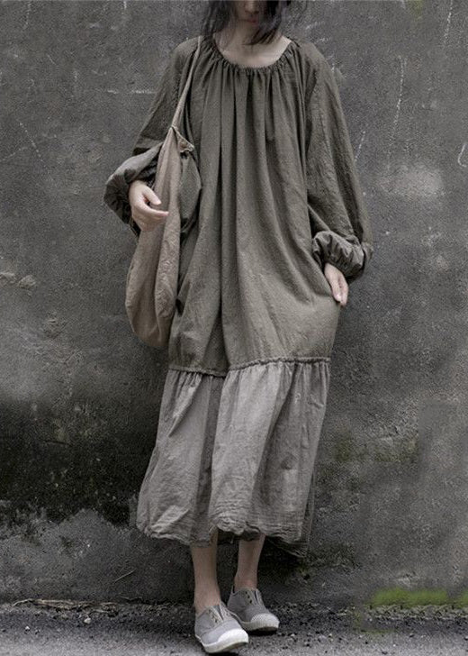 Woven Gathered Neck Drawstring Back Lantern Sleeve Maxi Dress - View 2