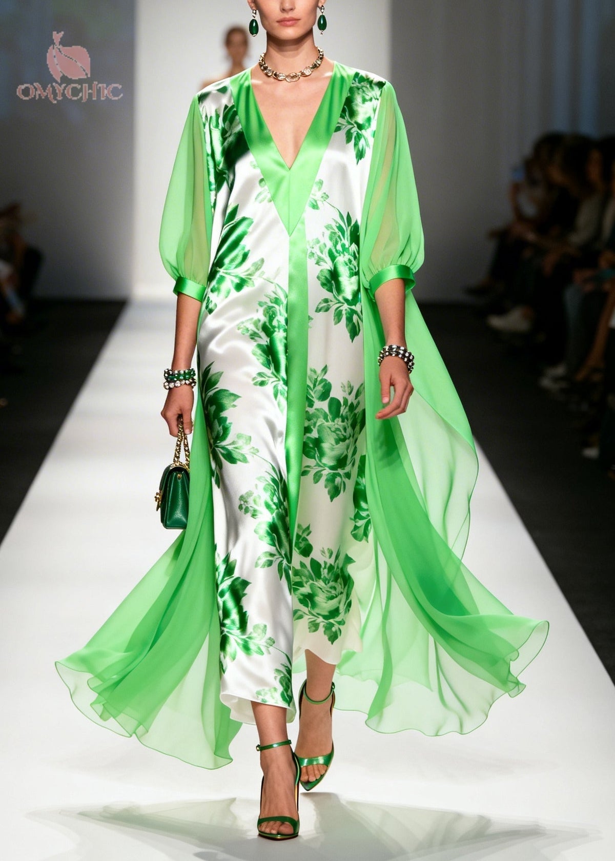 Floral Print Satin Deep V-Neck Sheer Cape Bishop Sleeve Maxi Gown