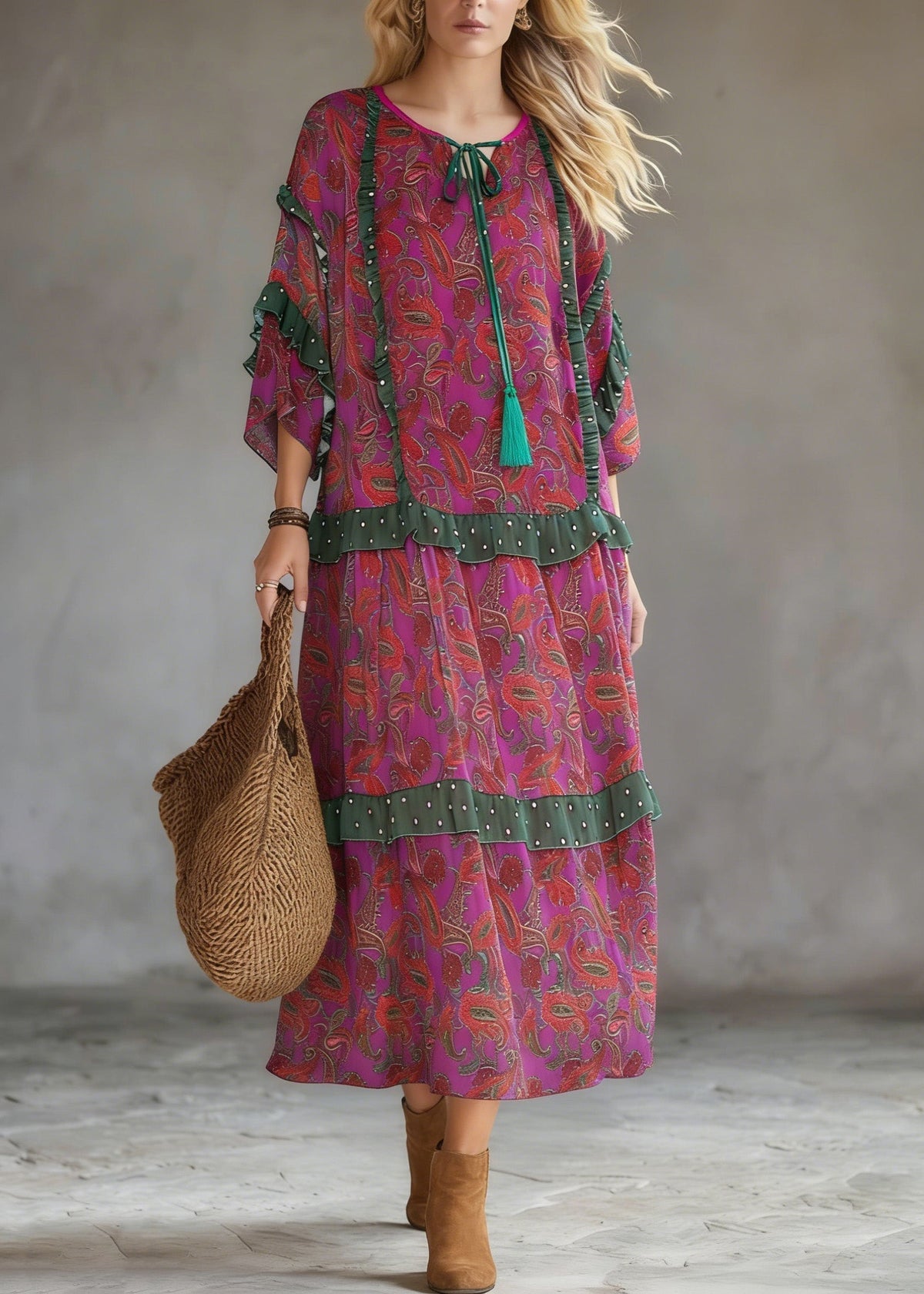 Plus Size Purple Red Print Ruffled Chiffon Party Dress Summer - View 3