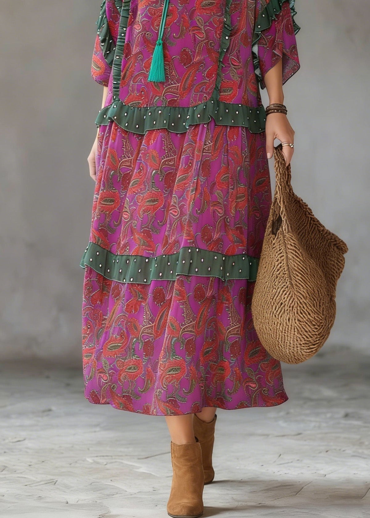 Plus Size Purple Red Print Ruffled Chiffon Party Dress Summer - View 4