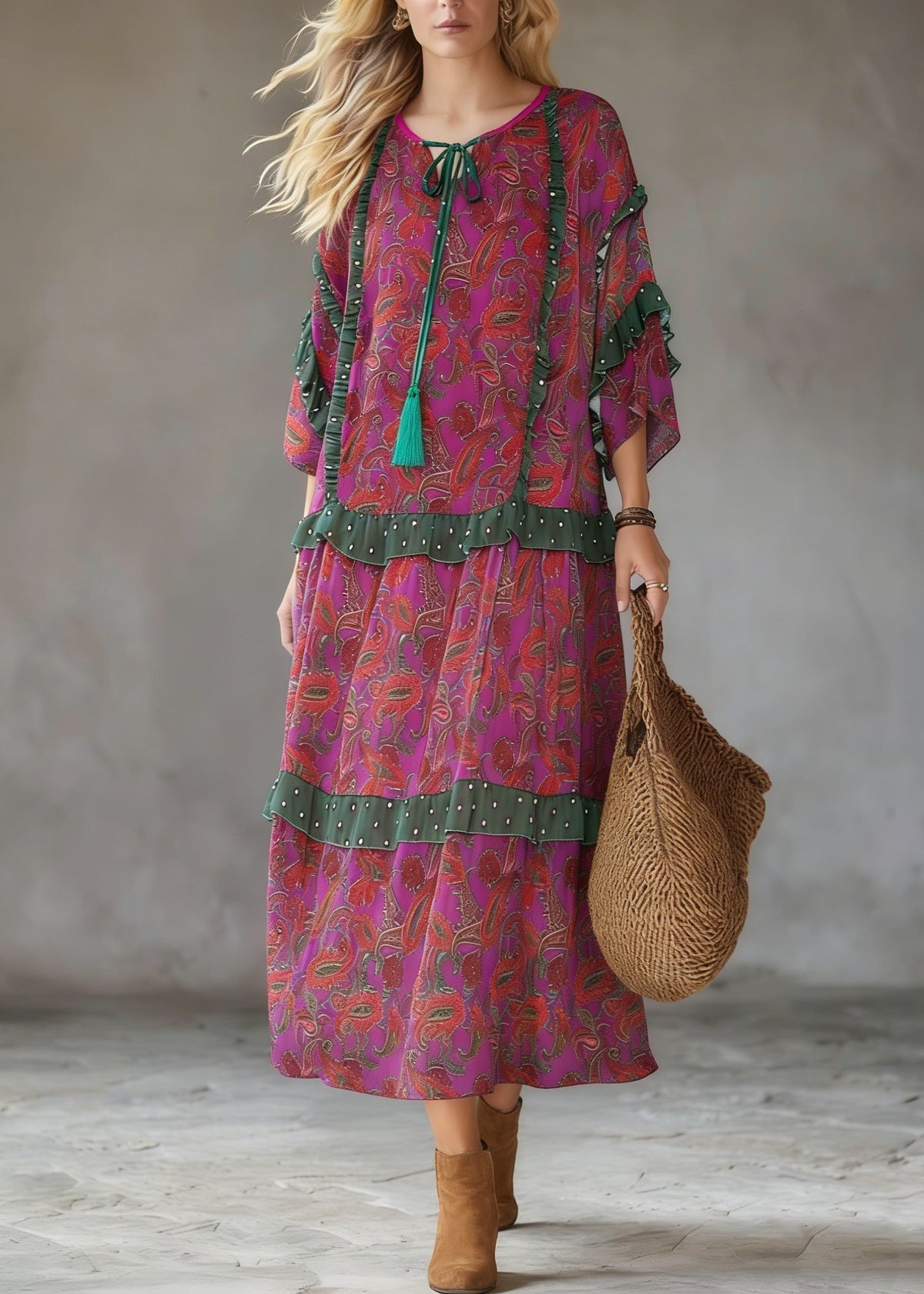 Plus Size Purple Red Print Ruffled Chiffon Party Dress Summer - View 5