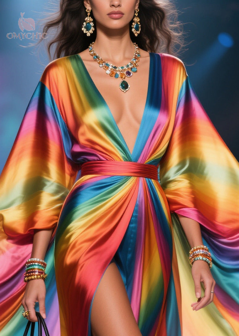 Deep V-Neck Satin Kimono Sleeve High Split Kaftan Maxi Dress - View 2