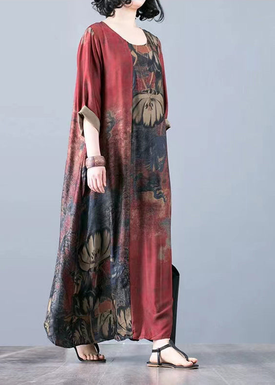 Round Neck Three Quarter Sleeve Abstract Floral A-Line Maxi Dress - View 3