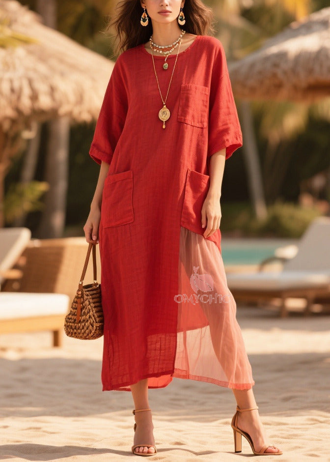 Mesh Panel Crew Neck Half Sleeve Triple Patch Pocket Maxi Dress