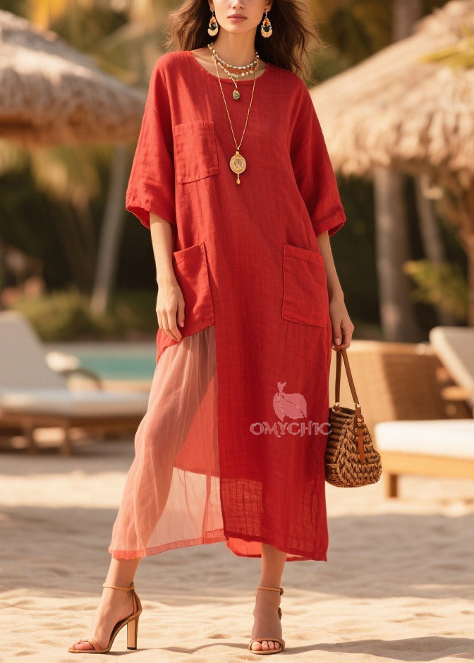 Mesh Panel Crew Neck Half Sleeve Triple Patch Pocket Maxi Dress - View 3