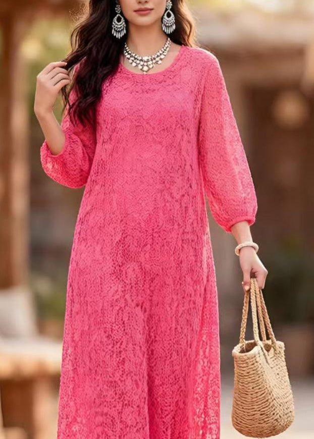 Lace Crew Neck Three Quarter Sleeve Scalloped Hem Maxi Dress - View 2