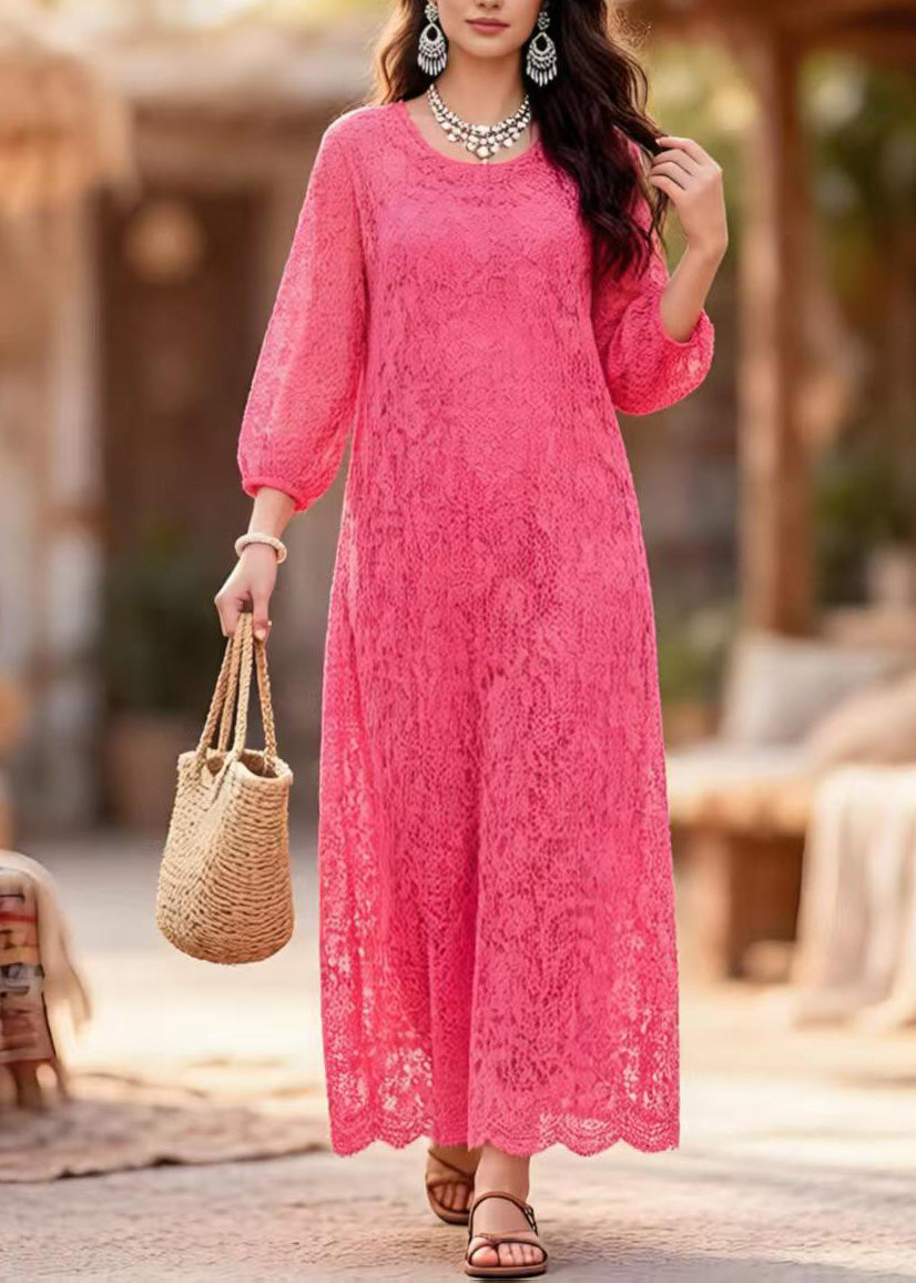 Lace Crew Neck Three Quarter Sleeve Scalloped Hem Maxi Dress - View 3
