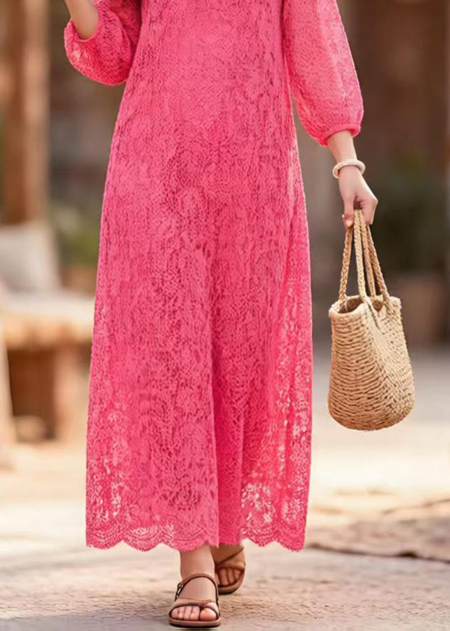 Lace Crew Neck Three Quarter Sleeve Scalloped Hem Maxi Dress - View 4