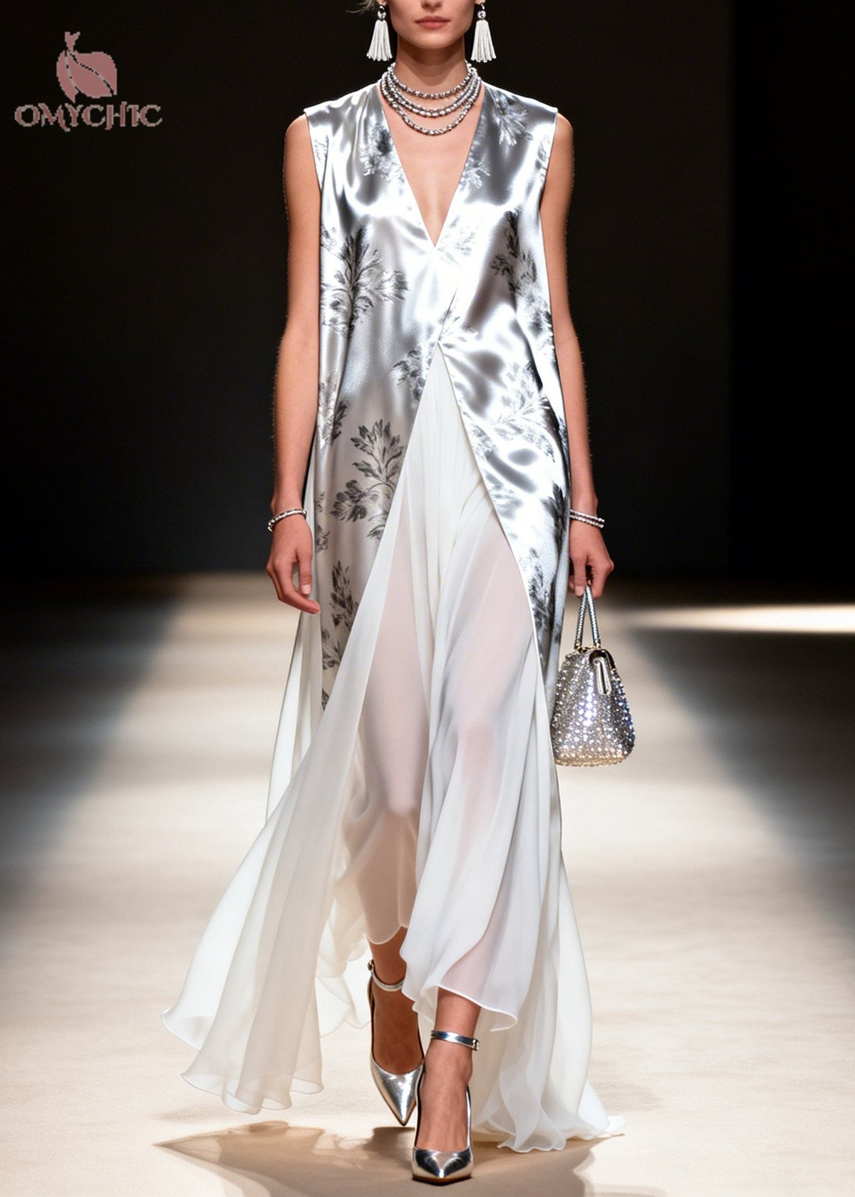 Floral Print Metallic Deep V-Neck Sleeveless High Split Maxi Gown