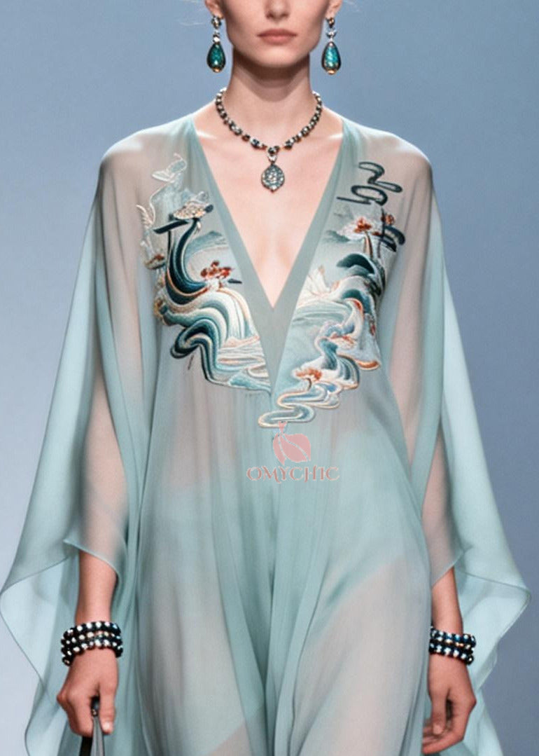 Plus Size Sky Blue Print Draping Chiffon Maxi Dress Batwing Sleeve - View 2