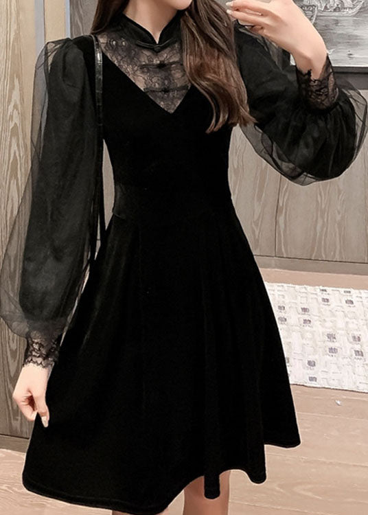 Velvet Lace Mandarin Collar Deep V-Neck Mesh A-Line Mini Dress - View 3