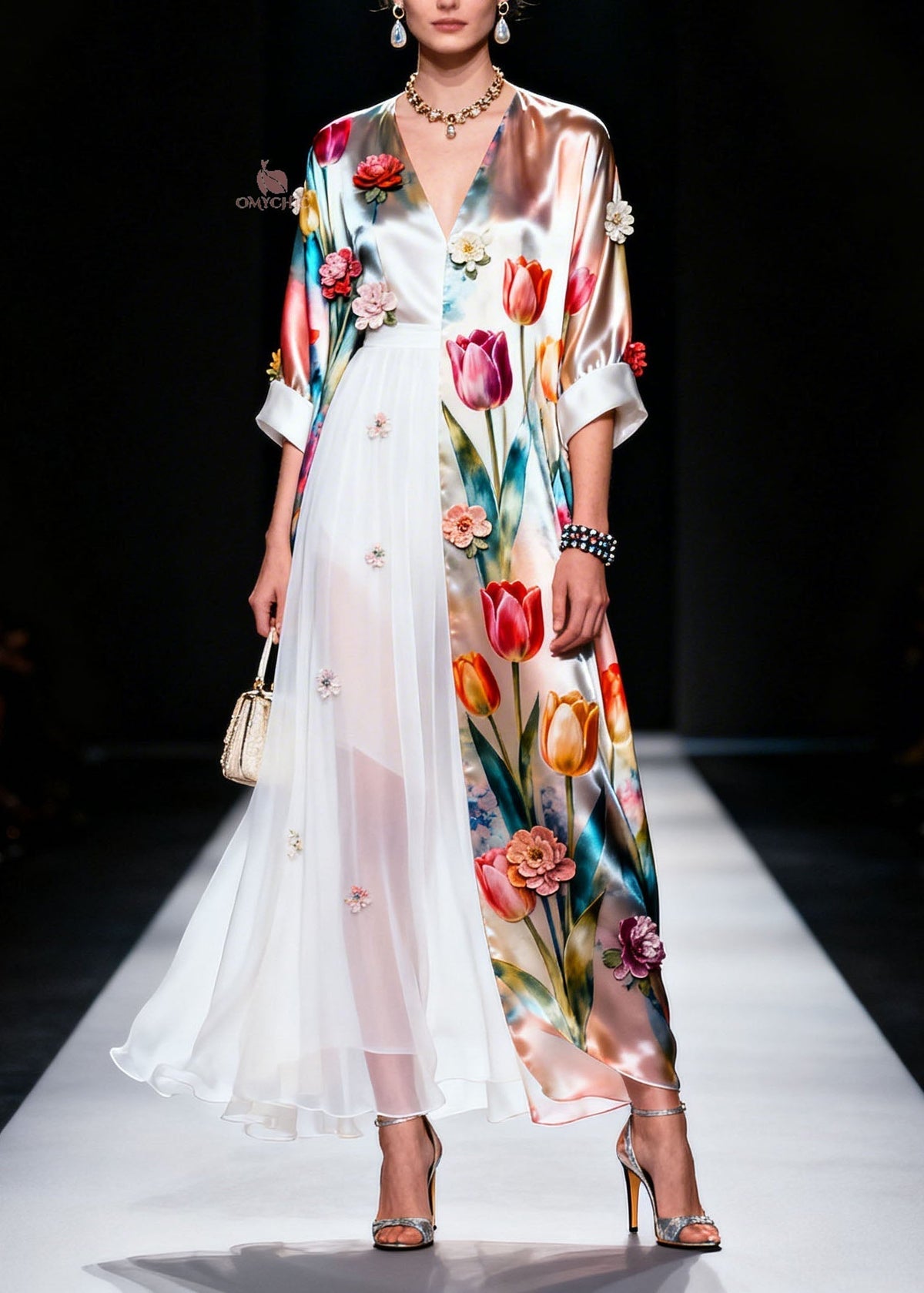 Tulip Floral Satin Chiffon Panel V-Neck Three-Quarter Maxi Gown - View 3