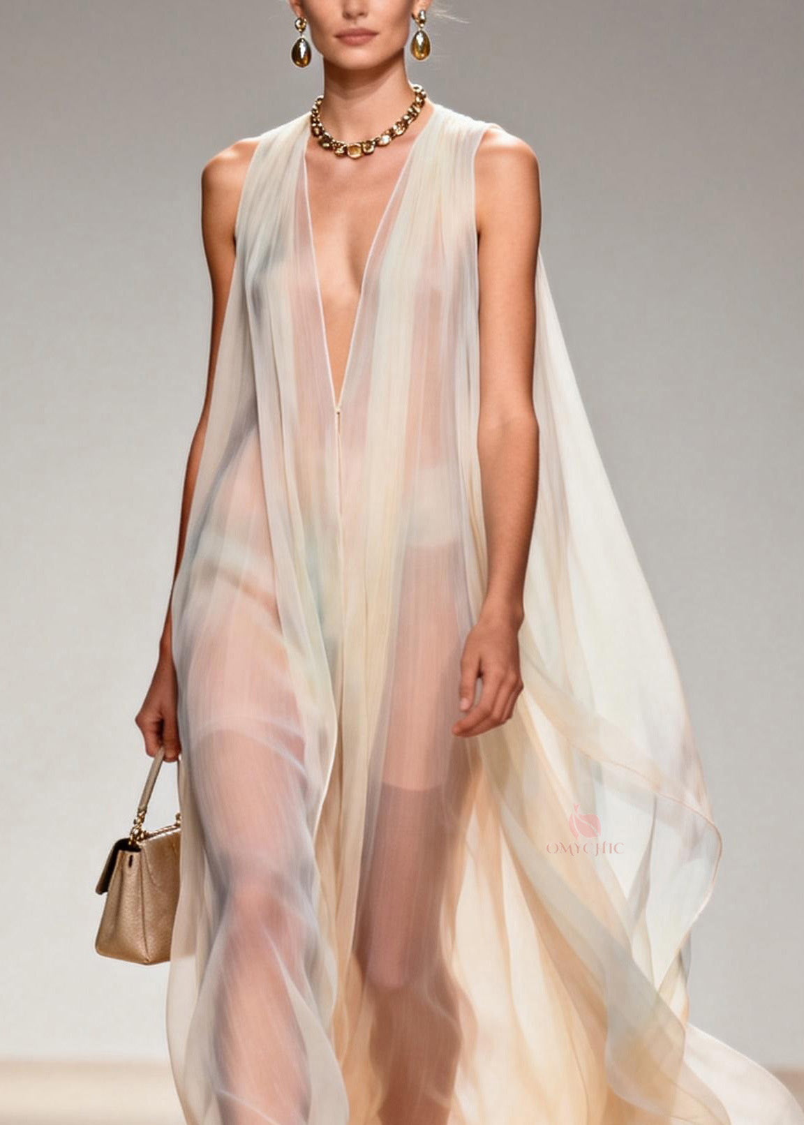 Deep V-Neck Sleeveless Sheer Chiffon Cape Overlay Flowy Maxi Gown - View 2