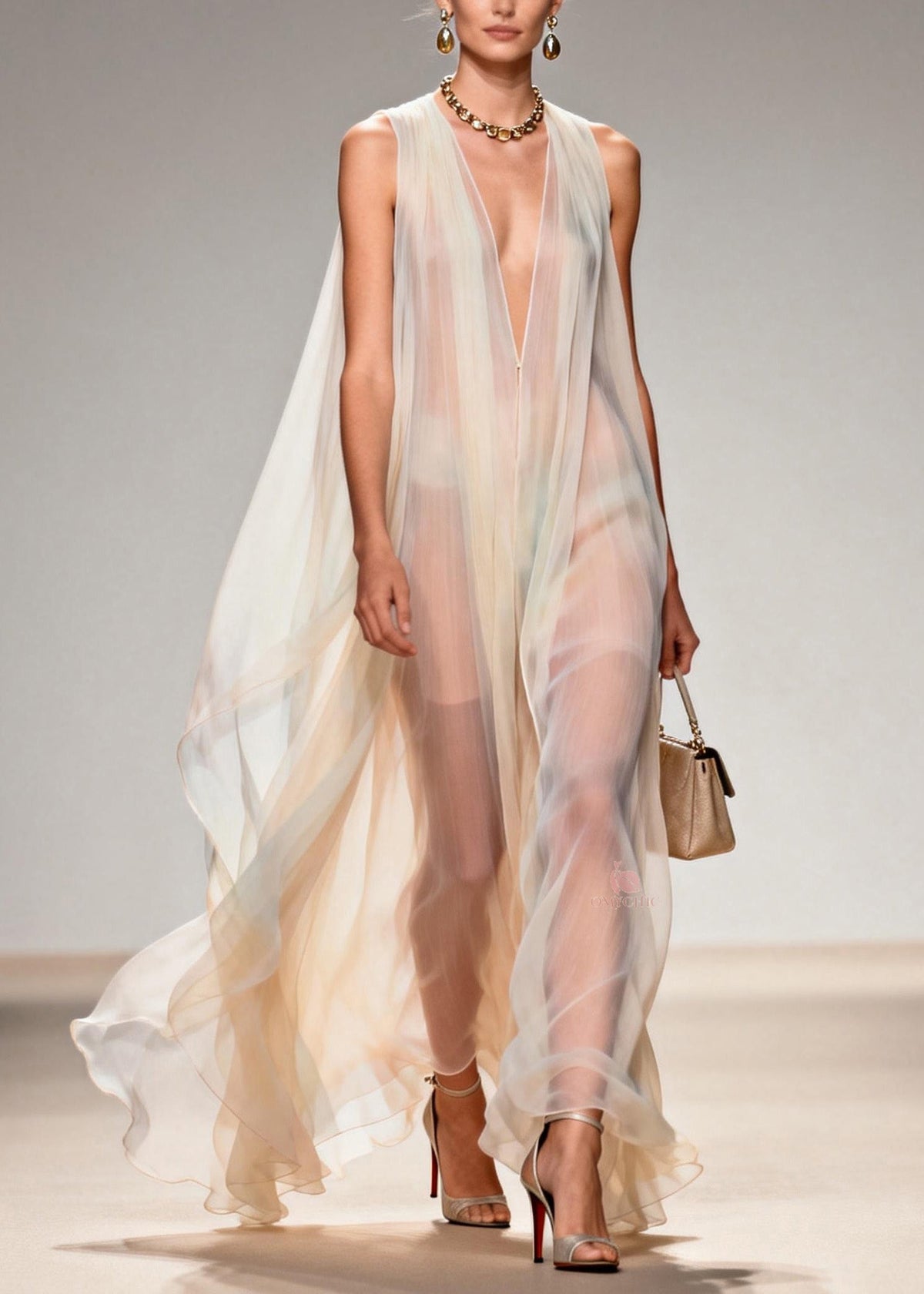 Deep V-Neck Sleeveless Sheer Chiffon Cape Overlay Flowy Maxi Gown - View 3