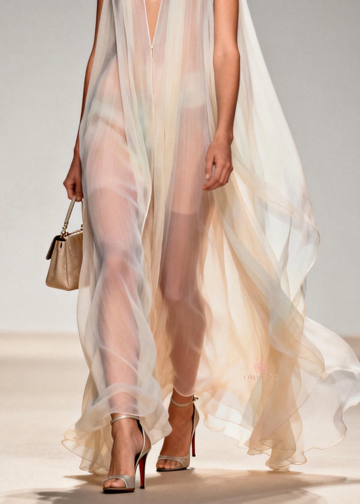 Deep V-Neck Sleeveless Sheer Chiffon Cape Overlay Flowy Maxi Gown - View 4