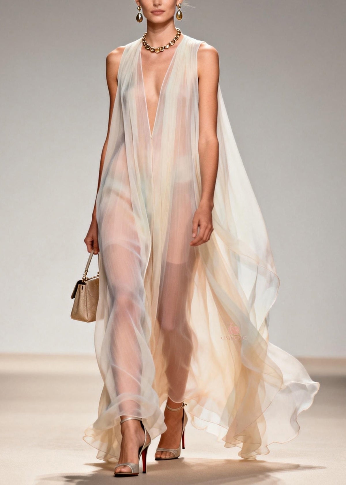 Deep V-Neck Sleeveless Sheer Chiffon Cape Overlay Flowy Maxi Gown - View 5