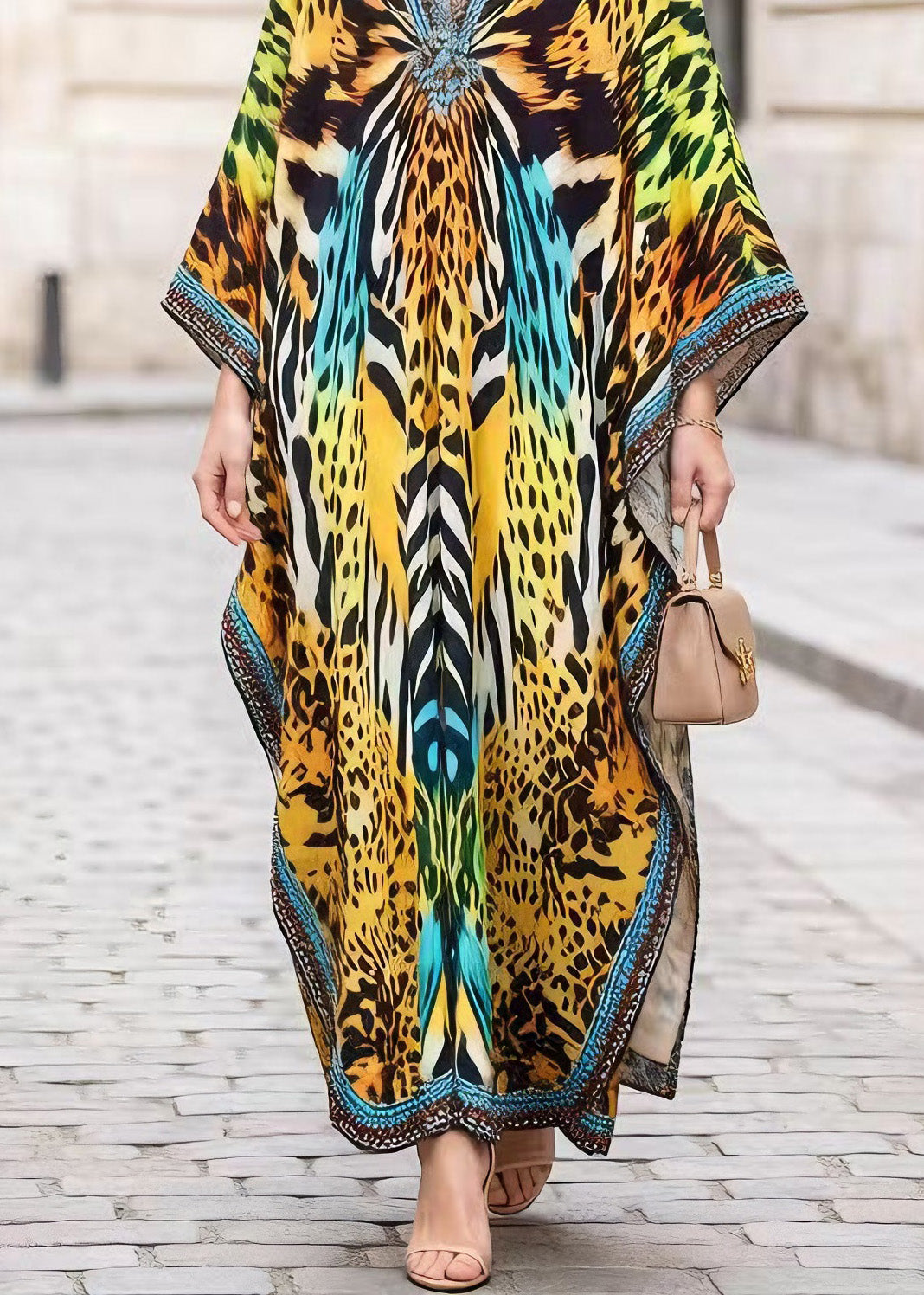 Leopard Print Deep V-Neck Kimono Sleeve Kaftan Maxi Gown - View 4