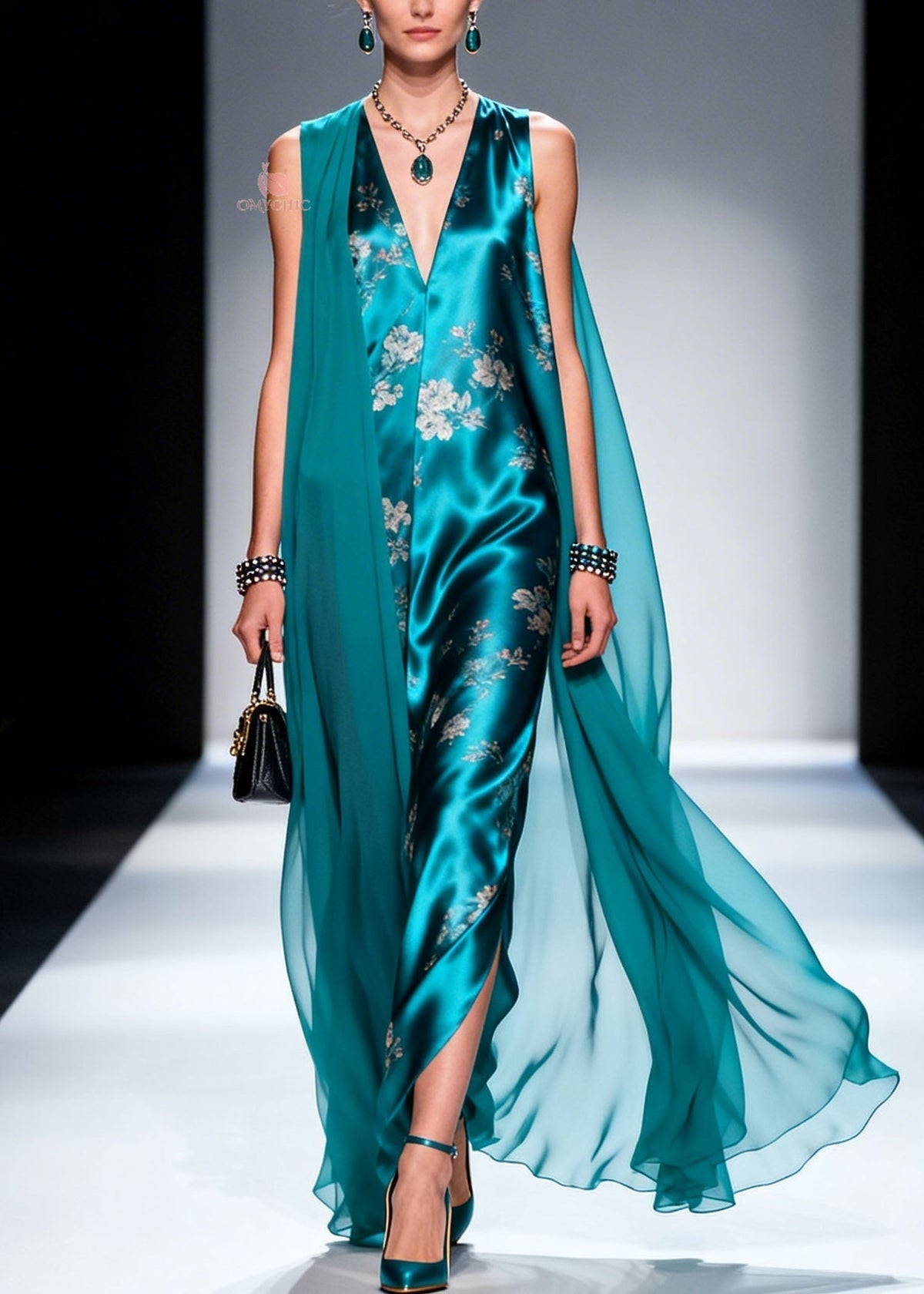 Floral Print Satin Deep V-Neck Sleeveless Front Slit Maxi Gown