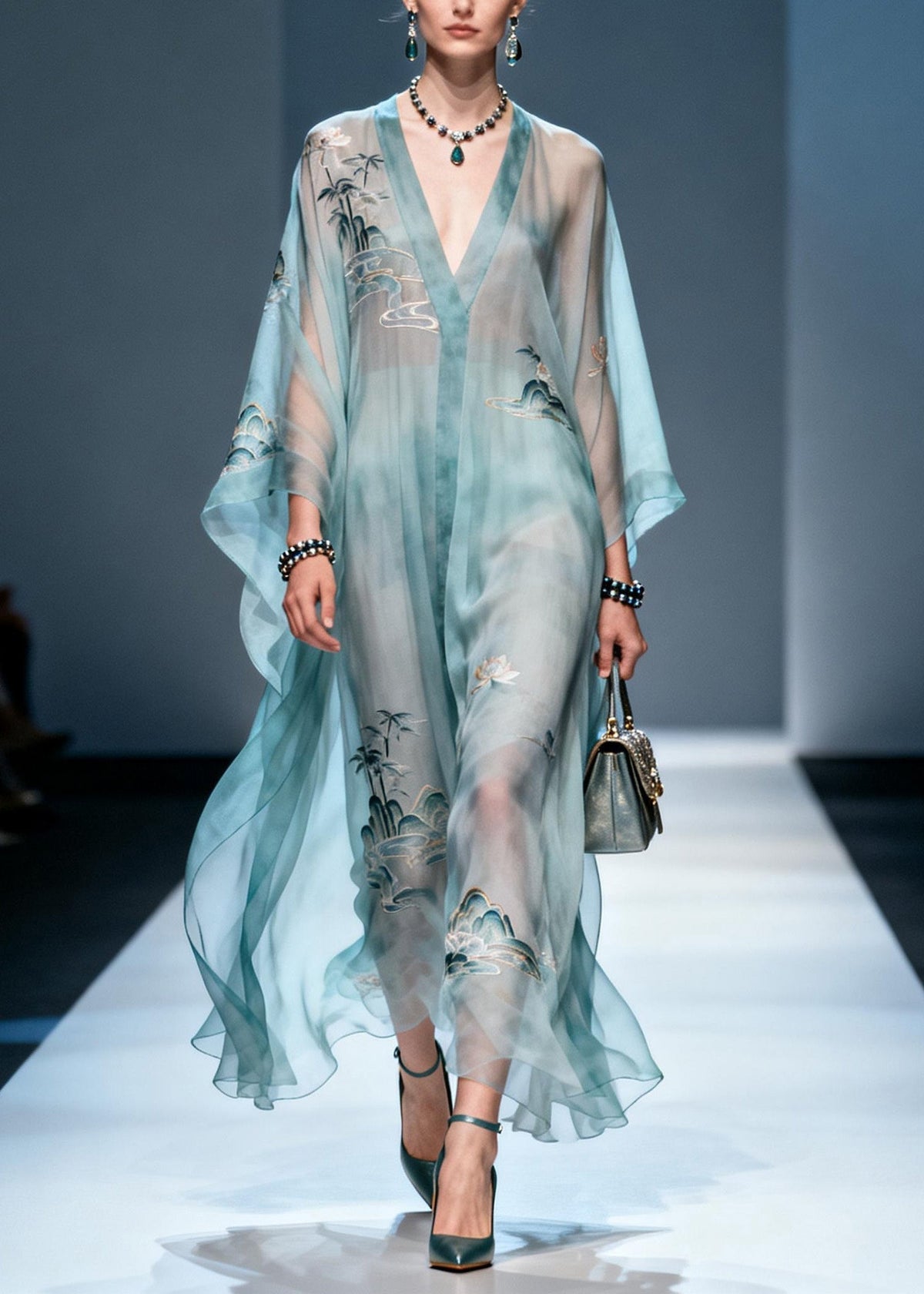 Landscape Print Deep V-Neck Kimono Sleeve Sheer Kaftan Maxi Gown - View 3