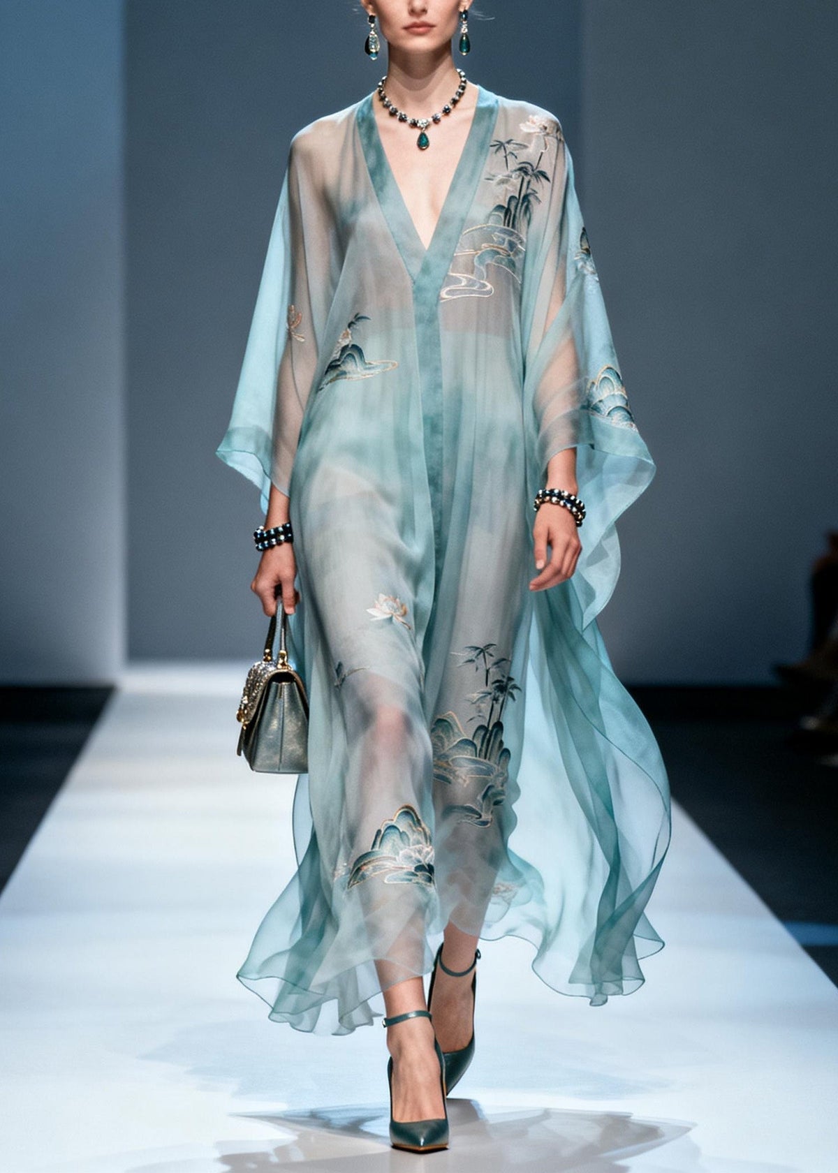Landscape Print Deep V-Neck Kimono Sleeve Sheer Kaftan Maxi Gown - View 5
