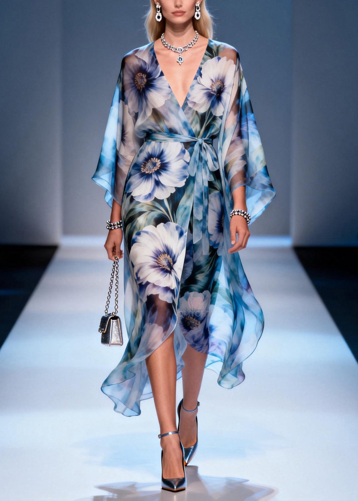 Floral Print Wrap Front Kimono Sleeve Tie Waist Maxi Dress