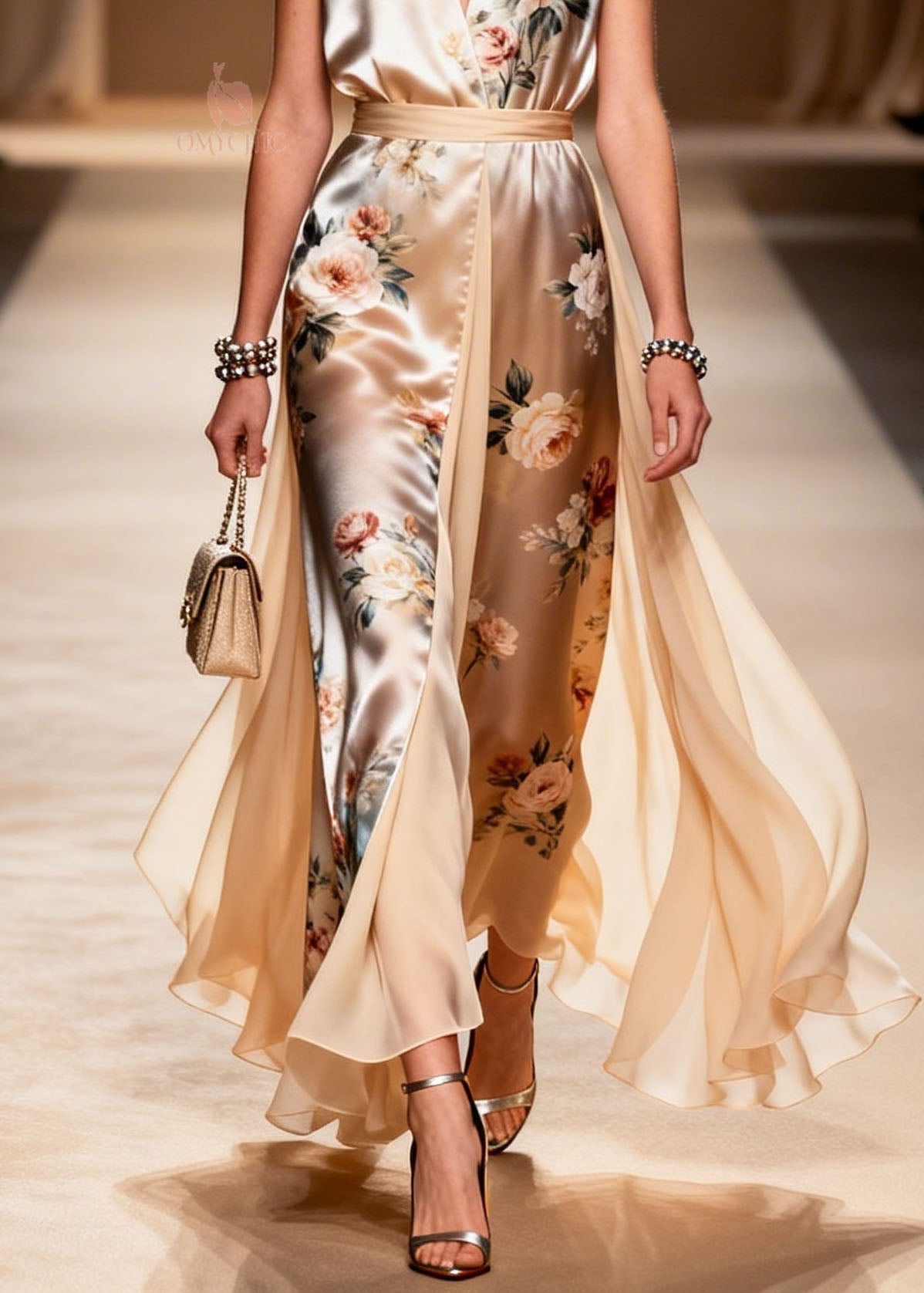Floral Print Sleeveless V-Neck Belted Chiffon Panel Maxi Gown - View 4