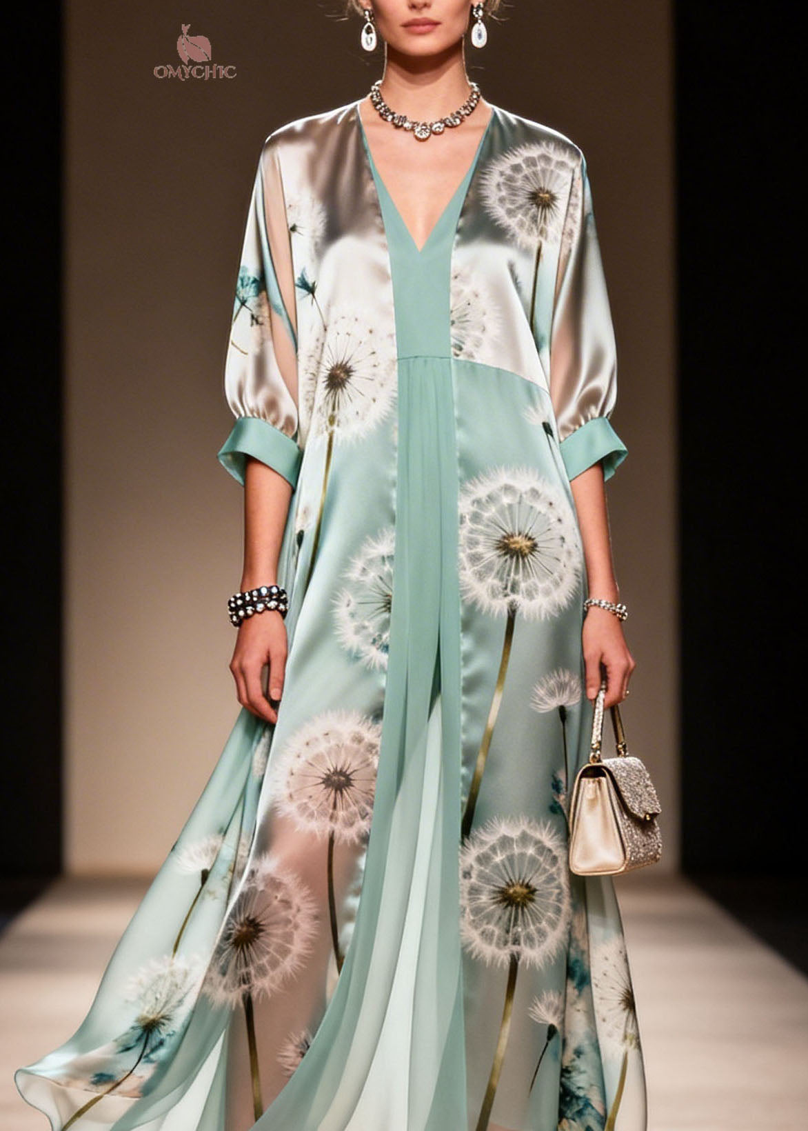 Dandelion Print Deep V-Neck Balloon Sleeve Pleated Maxi Gown - View 2