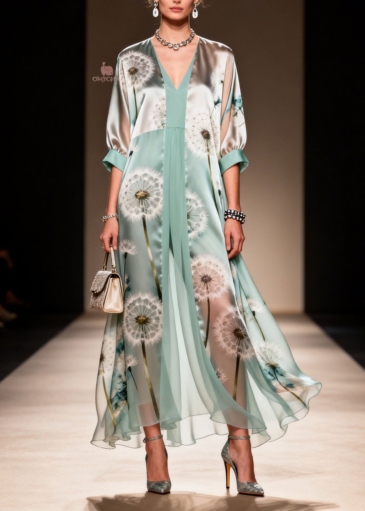Dandelion Print Deep V-Neck Balloon Sleeve Pleated Maxi Gown - View 3