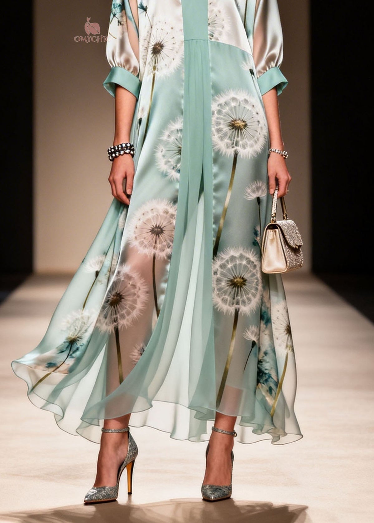 Dandelion Print Deep V-Neck Balloon Sleeve Pleated Maxi Gown - View 4