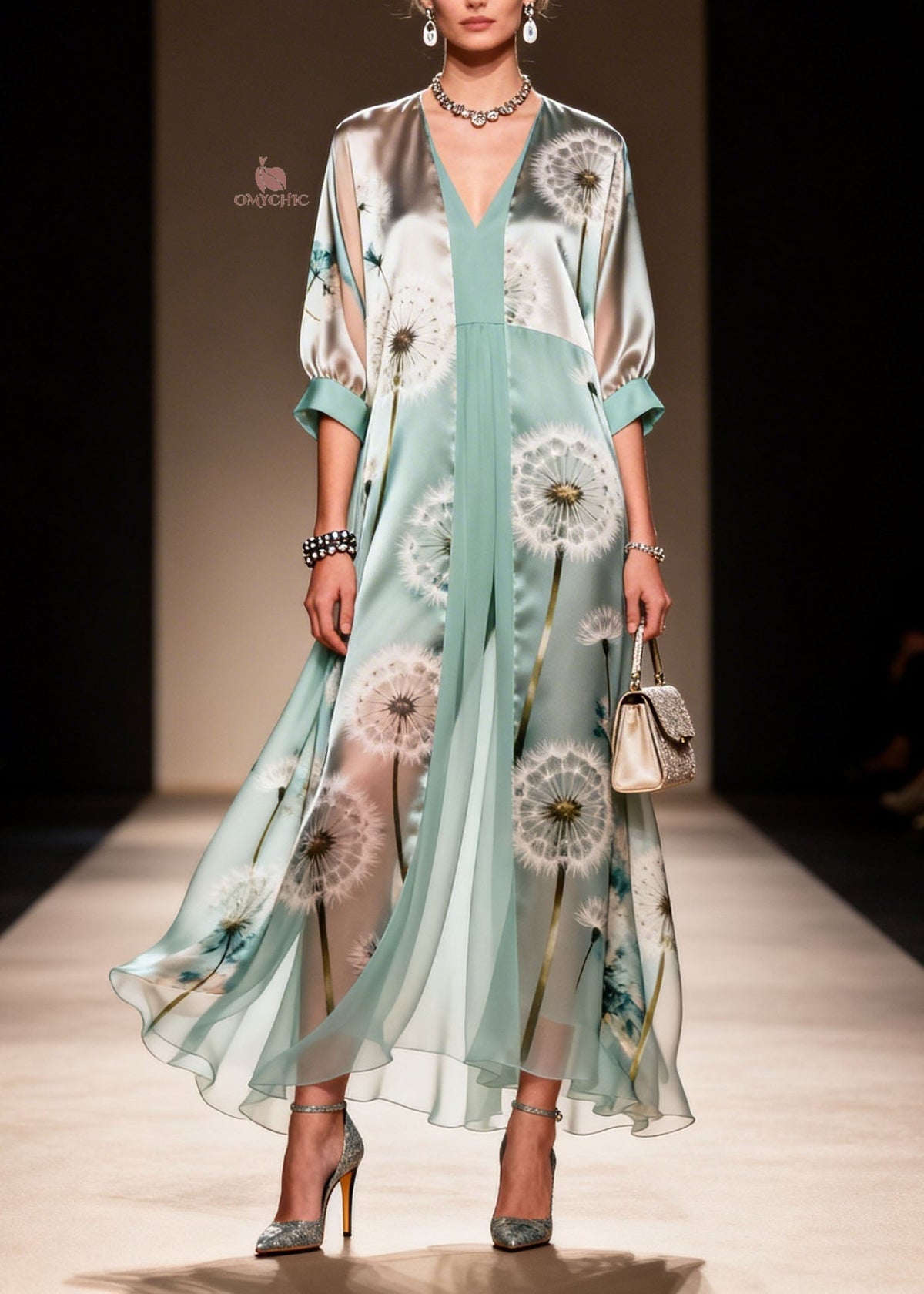 Dandelion Print Deep V-Neck Balloon Sleeve Pleated Maxi Gown - View 5
