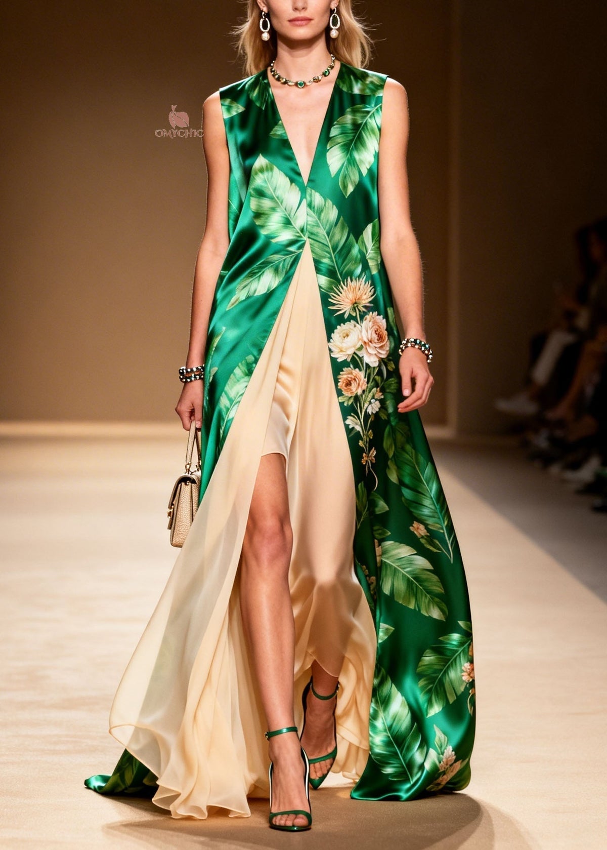 Satin Tropical Floral Deep V-Neck Sleeveless Faux Maxi Dress
