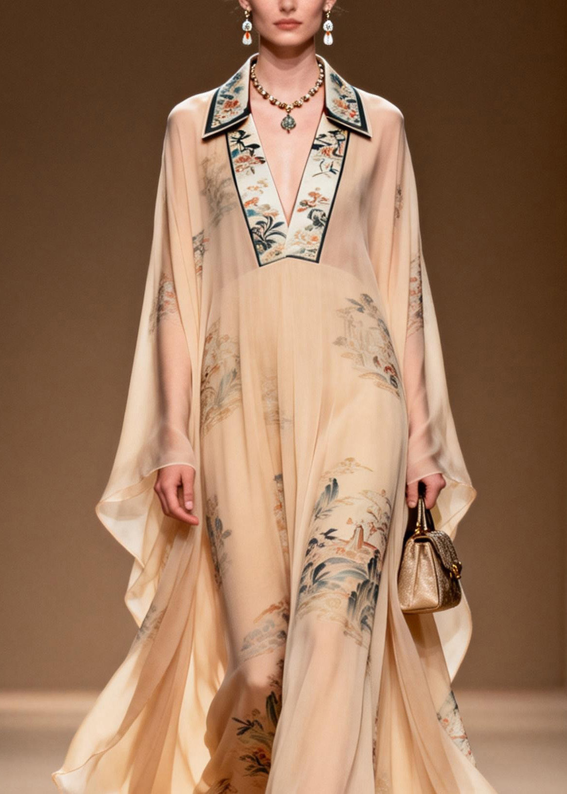 Landscape Print Mandarin Collar Deep V-Neck Cape Sleeve Maxi Gown - View 2