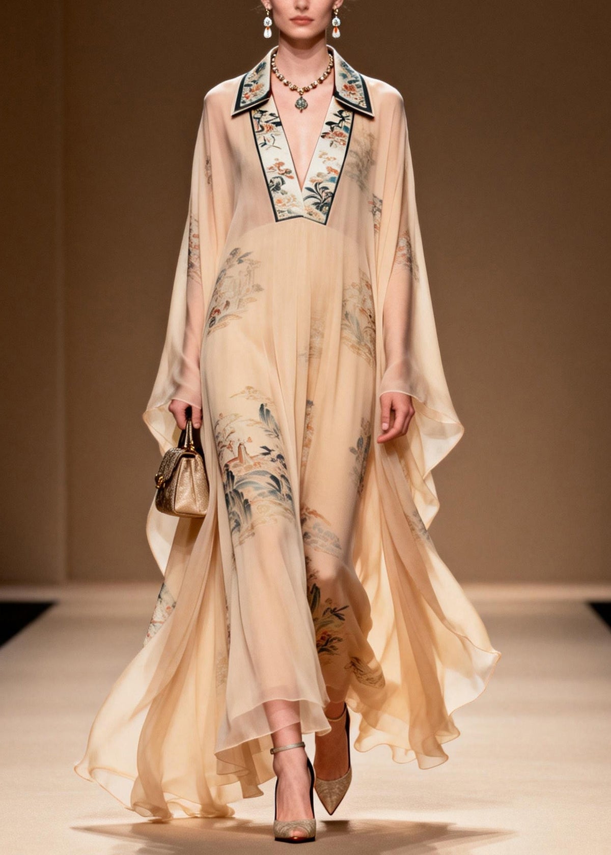 Landscape Print Mandarin Collar Deep V-Neck Cape Sleeve Maxi Gown - View 3