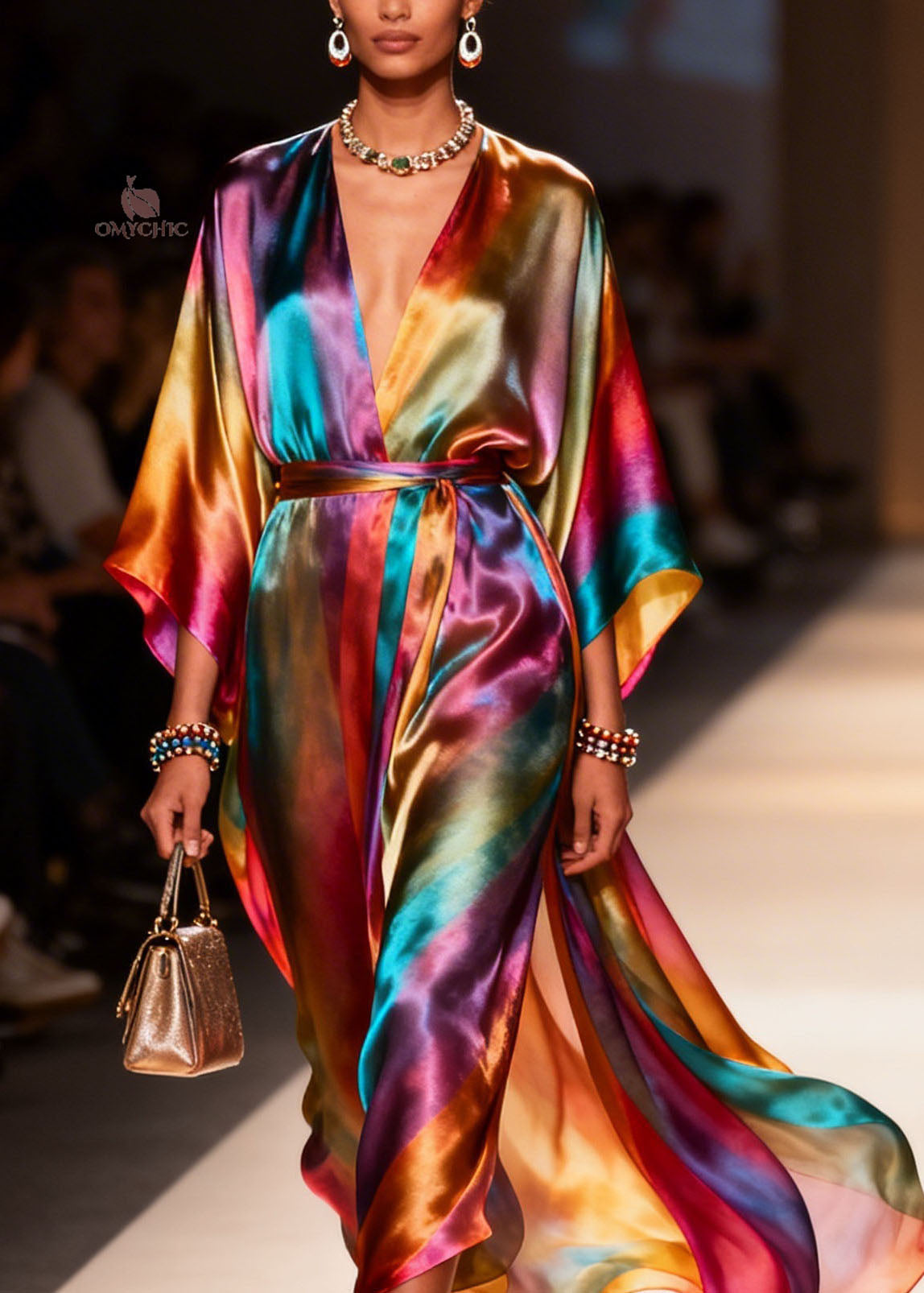 Deep V-Neck Satin Batwing Sleeve Belted High Split Wrap Dress - View 2