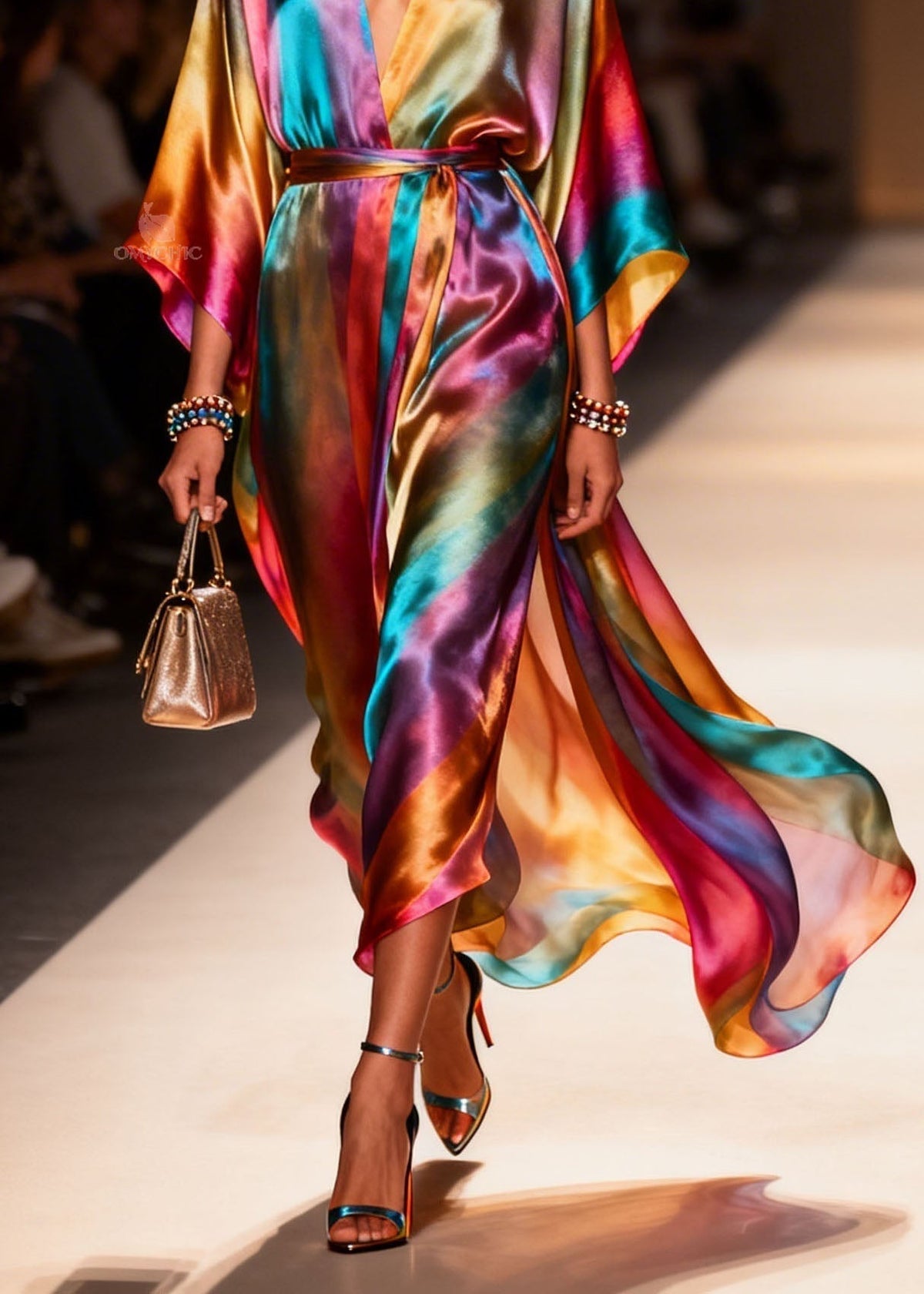 Deep V-Neck Satin Batwing Sleeve Belted High Split Wrap Dress - View 4