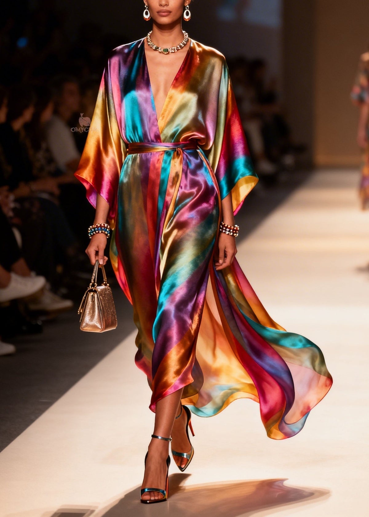 Deep V-Neck Satin Batwing Sleeve Belted High Split Wrap Dress - View 5